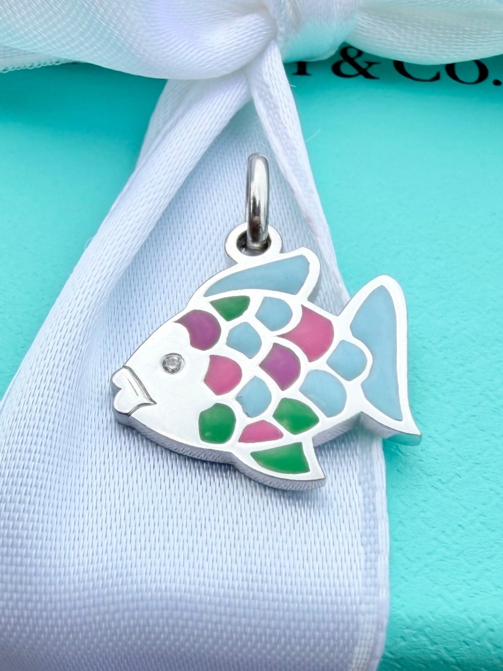 RARE Tiffany & Co. 18k WG Enamel Fish with Diamond Charm Pendant